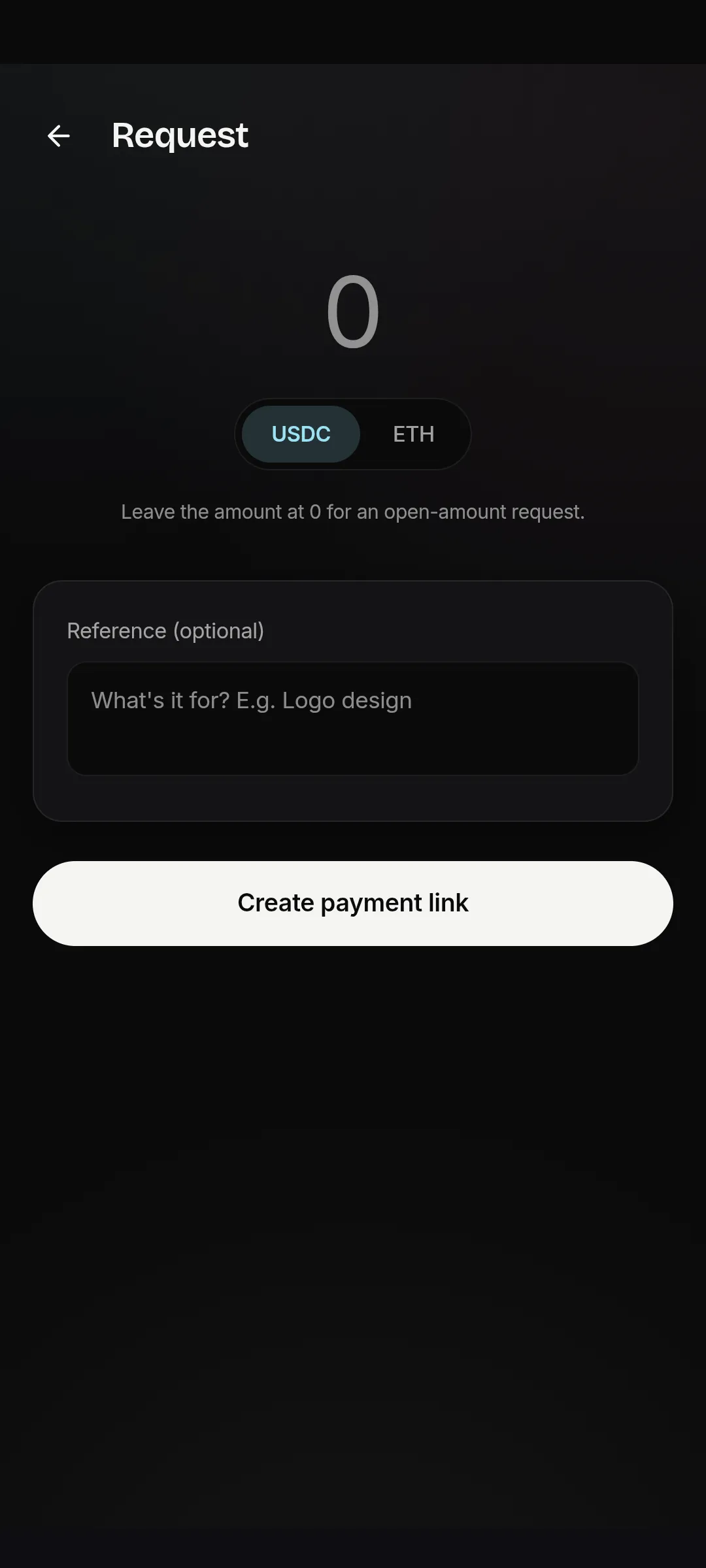 Link de cobro en Parmelia con QR, monto en USDC y botón para compartir
