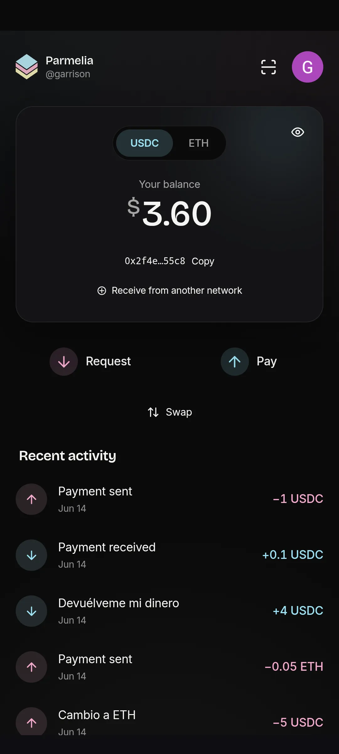 Pantalla principal de Parmelia: saldo en USDC y actividad reciente