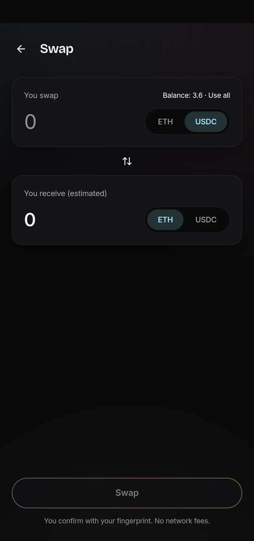 Pantalla de cambio en Parmelia: convierte USDC a ETH con la comisión de red cubierta